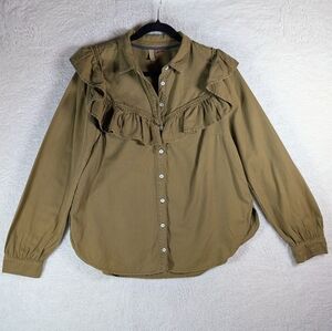 423-Pilcro Olive Ruffle Button-Up Women's Top